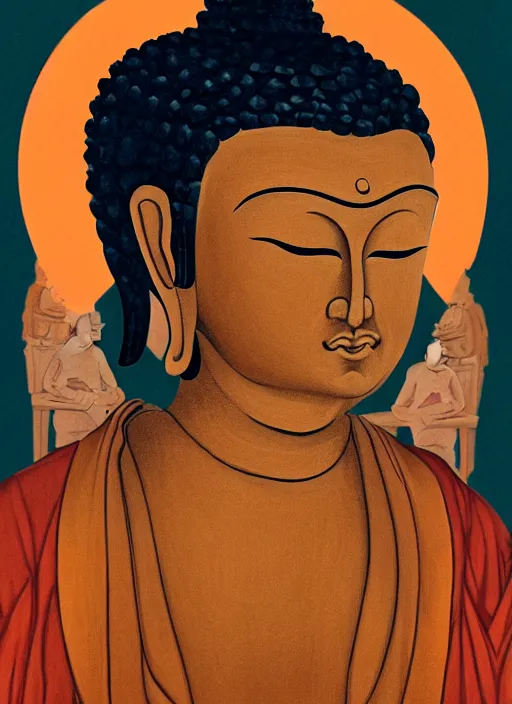 Prompt: A portrait of Buddha. He is shown in profile, with a serene expression on his face. His hair is pulled back into a tight bun, and he wears a simple robe. The background is a solid color, most likely orange or red. character, realistic, portrait, photorealism, masterpiece art, epic character composition, great coherency, soft focus, vertical portrait, natural lighting, f2, 50mm, hasselblad, classic chrome, film grain, cinematic lighting, ISO 200, 1/160s, 8K, RAW, unedited, symmetrical balance, in-frame by Afarin Sajedi, Alessio Albi, Nina Masic