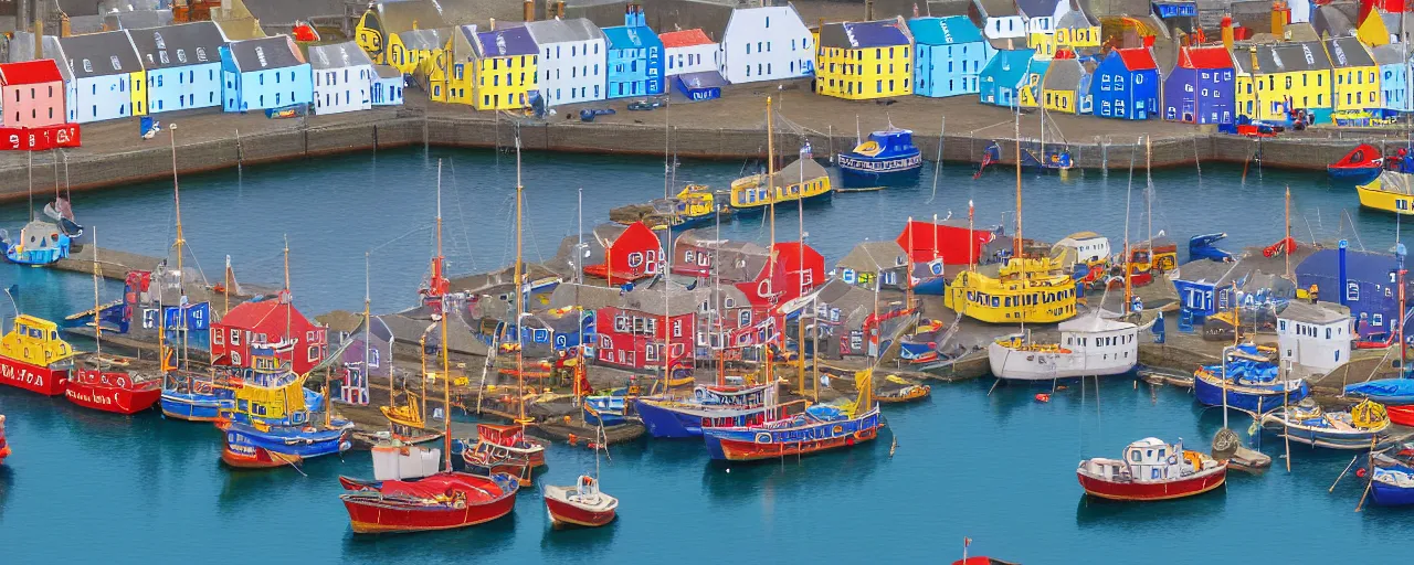 Prompt: a miniature diorama of the harbour at stromness orkney during shopping week, by kevin sloan, aerial view, colorful, busy crowds, fish market stalls, fairground rides, boats, calm sea, dutch masters, very detailed, octane render, cinematic lighting, 8 k, hd