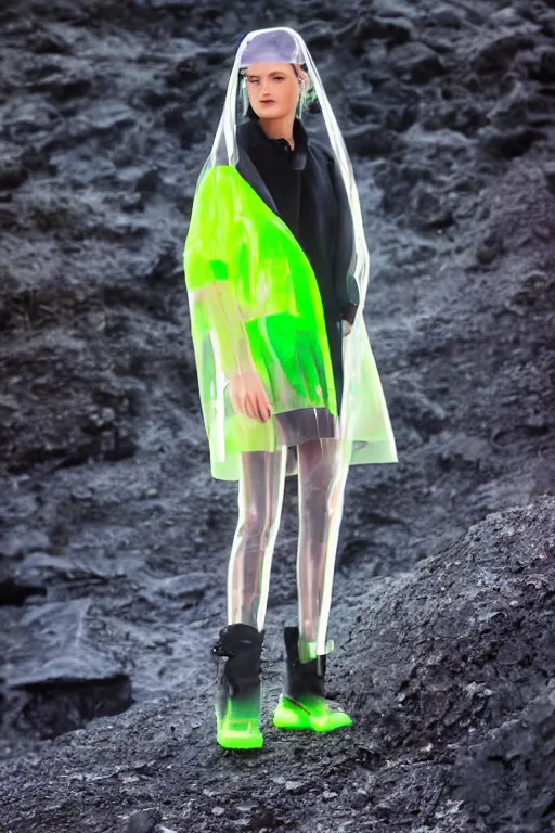 Image similar to an ultra high definition professional high fashion portrait studio full length photograph of a model wearing a transparent pearlescent raincoat and neon visor in an icelandic black rock environment at dawn. no artefacts. extremely detailed. stark. refraction. shallow depth of field. volumetric light and shadow. ray tracing. light rays.