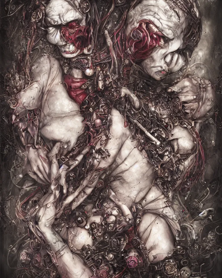 Prompt: Beautiful Hyperdetailed Clown Playing Card a cybergoth fantasy portrait by Santiago Caruso and Nekro and Seb McKinnon, vivid color, unstirred paint, cgsociety 4K.