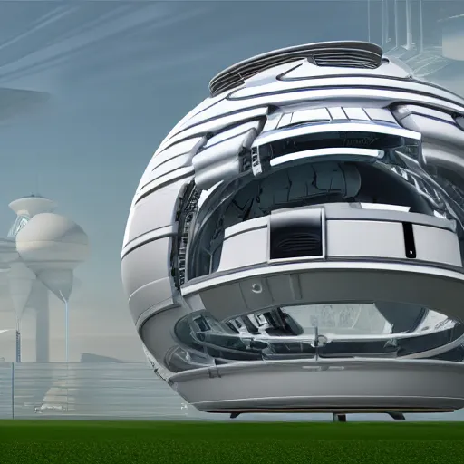 Prompt: A huge space station inspired from a pristine golf ball, highly reflective windows, a space dock, futuristic lighting, 4K, 8K, ultrarealistic, highly detailed, no place like home