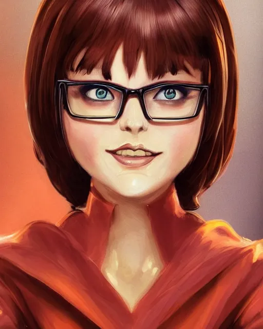 Image similar to a highly detailed illustration of velma from scooby doo, dramatic smile pose intricate, elegant, highly detailed, centered, digital painting, artstation, concept art, smooth, sharp focus, league of legends concept art, extremely detailed eyes, fantastic details full face, mouth, trending on artstation, pixiv, ultrahd, in the style of chris sanders