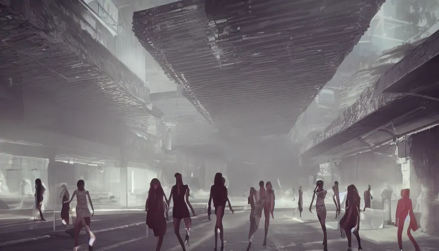 Prompt: Fashion Catwalk rendering in a futuristic favela, Hazy Atmosphere, Cinematic Lighting, Wallpaper, Octane, Redshift, 4k