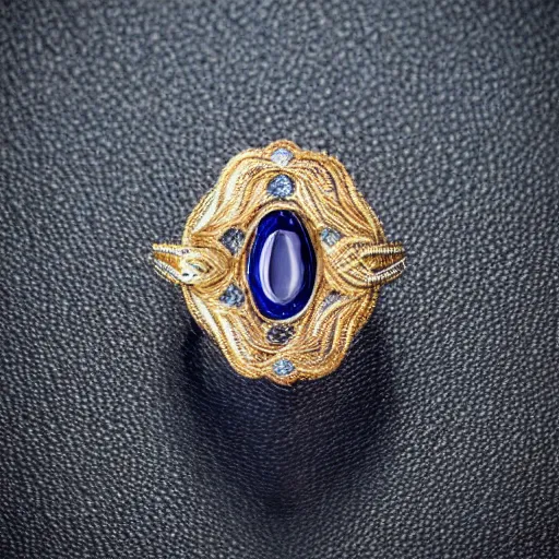 Image similar to a magnificent luxurious design of a female finger ring with a huge sapphire on which intricate patterns with interspersed small diamonds bend with a thin gold thread. hyper - realistic photo. full screen. very clear details.