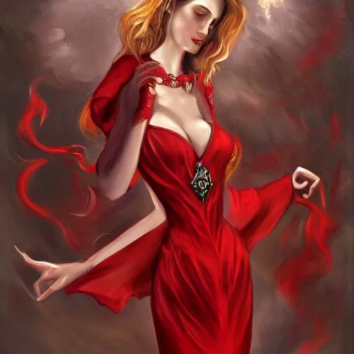 Image similar to a painting of a woman in a red dress, concept art by anne stokes, polycount contest winner, fantasy art, wiccan, concept art, tarot card