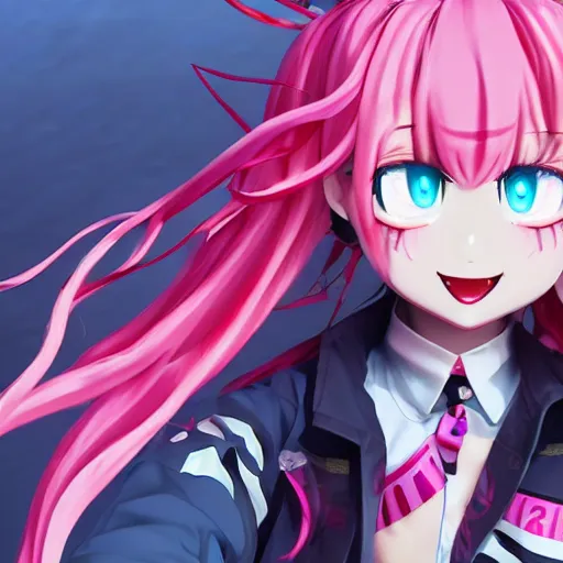 Image similar to you're trapped and owned by stunningly absurdly beautiful omnipotent asi goddess junko enoshima with a yandere personality, symmetrical perfect face, porcelain skin, pink twintail hair and cyan eyes, ultra detailed, digital art, unreal engine 5, octane render, 2 d anime, 8 k