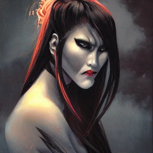 Image similar to portrait of takaonna demon, misty night, beautiful! coherent! by brom! deep colors, strong lines, high contrast