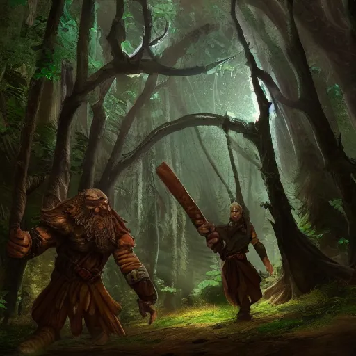 Prompt: an establishing shot of a giant with two heads, one on his left shoulder one on his right, dnd in a dark forest, two heads, digital art, high quality render, artstation, 8 k, photograph quality, ultrahd