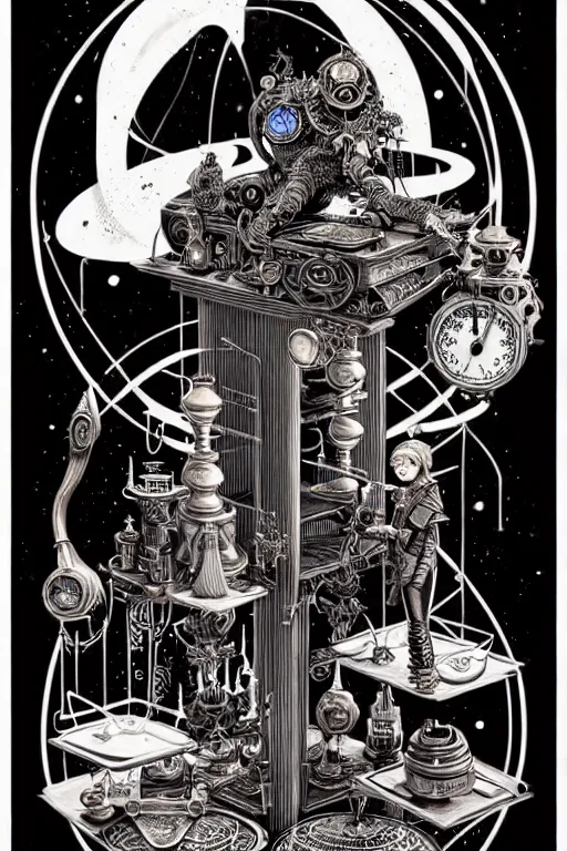 Image similar to a majestic steampunk alchemists weighing scale, furniture, high details, bold line art, by vincent di fate and joe fenton, inking, etching, screen print, masterpiece, trending on artstation, sharp, high contrast, hyper - detailed,, hd, 4 k, 8 k