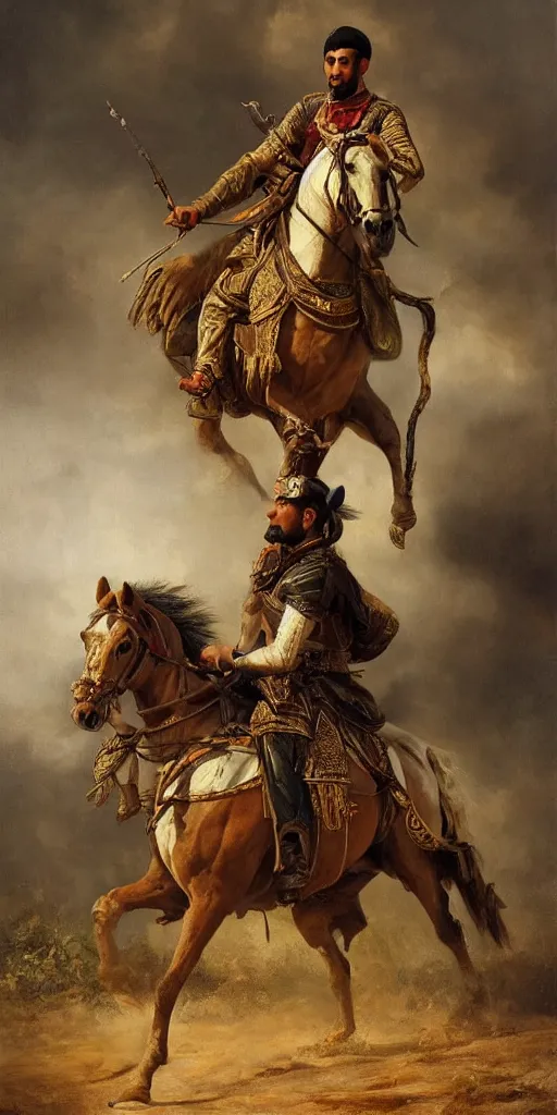 Image similar to Highly detailed and cinematic romantic period oil painting of an Arabian soldier riding a rearing horse, strong atmosphere, oil painting masterpiece by Josep Tapiró Baró, symmetry, fractals