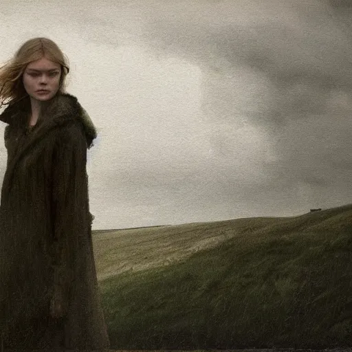 Image similar to silhouette of Elle Fanning in the world of Andrew Wyeth, stormy weather, extremely detailed masterpiece, oil on canvas, low-key neon lighting, artstation, Blade Runner 2049, Roger Deakin’s cinematography, by J. C. Leyendecker and Peter Paul Rubens,