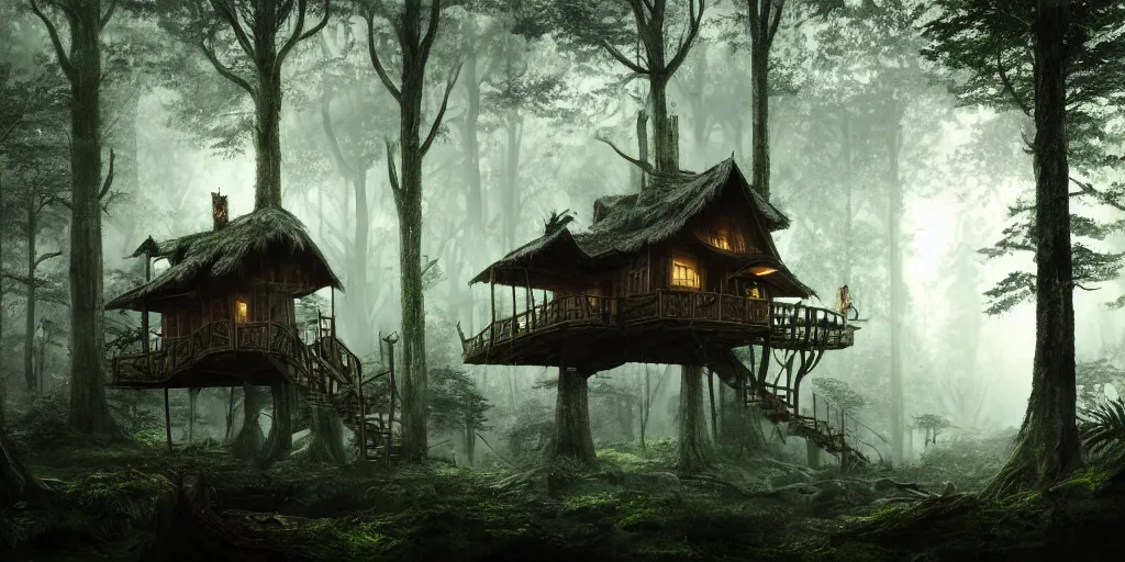 Prompt: photorealistic image of treehouses through a old growth forest, atmospheric lighting, dark, brooding, painted, intricate, ultra detailed, well composed, best on artstation, cgsociety, epic, fantasy, stunning, gorgeous, intricate detail, much wow, masterpiece, cinematic aesthetic octane render, 8 k hd resolution,