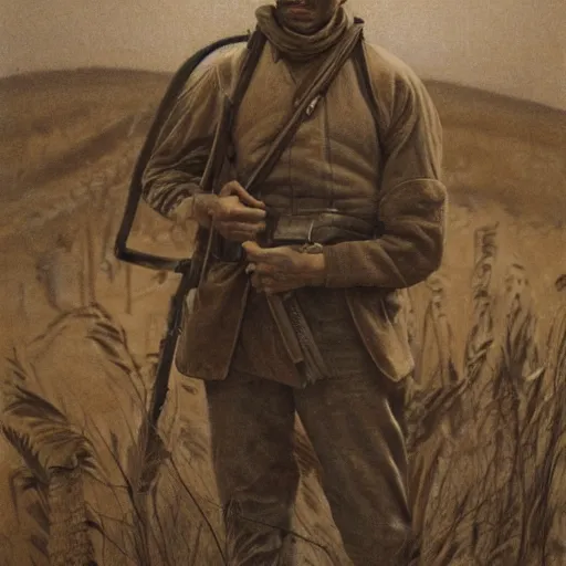 Image similar to a detailed photorealistic sepia - toned color portrait painting of a 1 9 1 7 worried clean - shaven british lieutenant in field gear in north arabia examining an ancient cylindrical clay jar, ultra realistic, intricate details, atmospheric, dark, horror, brooding, highly detailed, by clyde caldwell