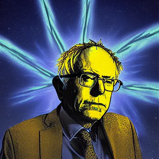 Image similar to portrait of Bernie Sanders with glowing golden aura flying over a desert field, super saiyan 3, yellow spiky hair, digital art