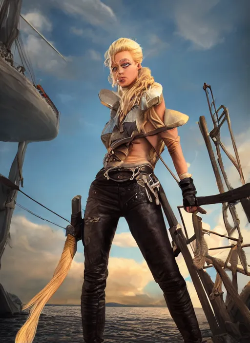 Image similar to An epic fantasy comic book style portrait painting of tall blonde haired female sky-pirate with a serious face and a pony tail in front of a metal gangplank, unreal 5, DAZ, hyperrealistic, octane render, cosplay, RPG portrait, dynamic lighting