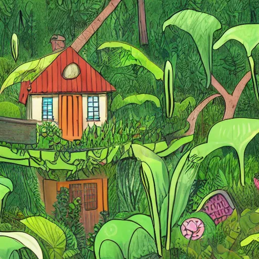 Image similar to A cartoon illustration of an overgrown house in a lush forest, detailed, depth