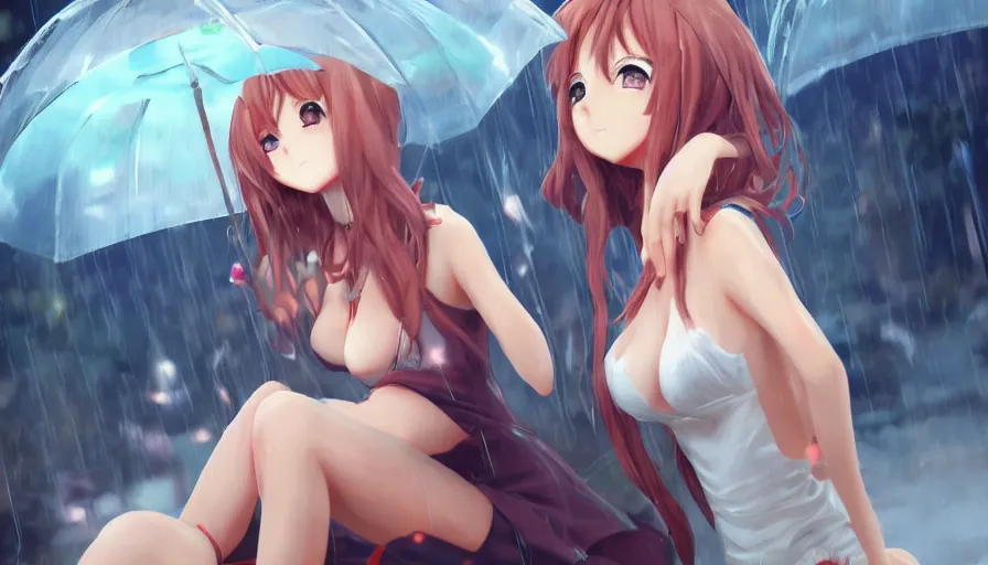 Image similar to anime girls in the rain, masterpiece, pinup, highly detailed, digital painting, artstation, concept art, smooth, sharp focus, illustration, Unreal Engine 5, 8K