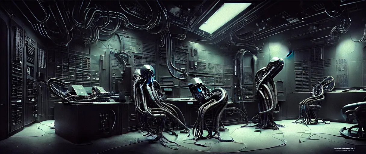 Image similar to duotone noir hyperreal concept illustration of black xenomorph alien machinery engineer sitting in chair in control room by hr giger. cosmic horror atmosphere. accidental renaissance composition. cinematic volumentric lighting. by sachin teng and sergey kolesov and ruan jia and heng z. graffiti art, scifi, fantasy, hyper detailed. octane render. trending on artstation
