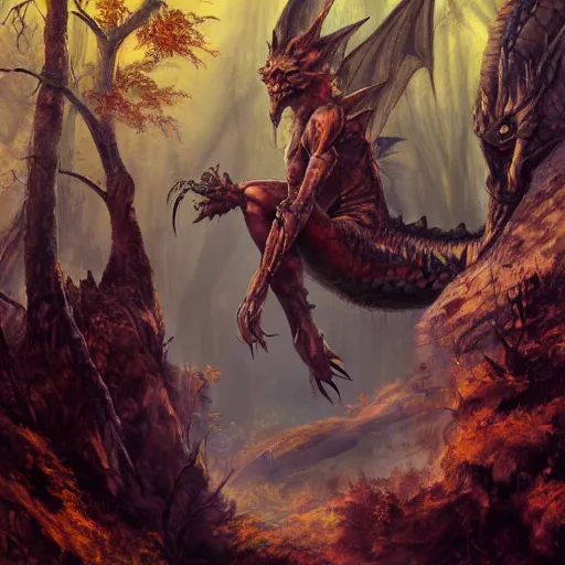 Prompt: oil painting of dragon in a forest, dnd character, fantasy, realistic textured skin, wolf head, glowing eyes, sharp focus, artgem, boris valejo, frank frazetta, heavy metal style, trending on artstation, digital painting, julie bell, beautiful, very detailed,