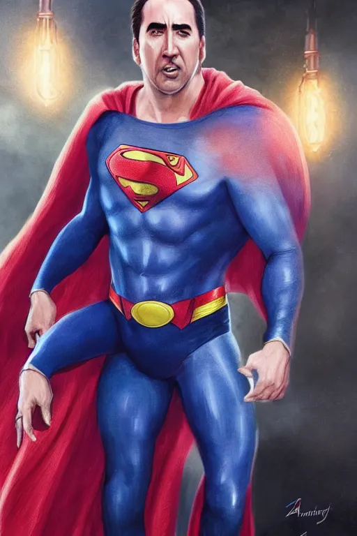 Image similar to Portrait of Nicolas Cage as superman, DC, dark cinematic lighting, intricate, elegant, highly detailed, digital painting, artstation, painted by Artgerm and Mark Waid and Greg Rutkowski and Mandy Jurgens and Snyder