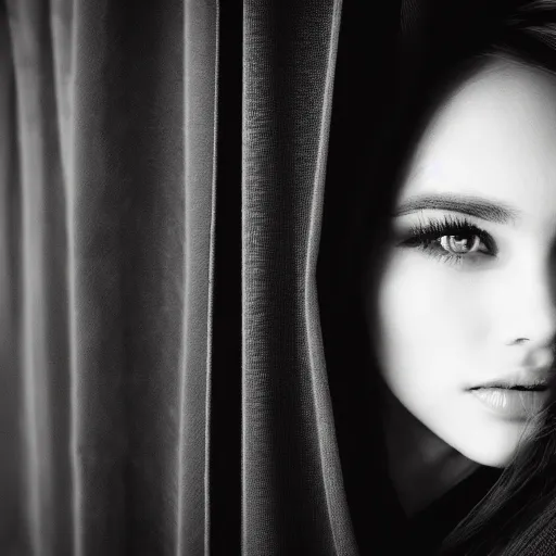 Prompt: close up portrait photography of beautiful female model body behind black curtains