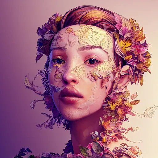 Prompt: the portrait of an absurdly beautiful, graceful, elegant young woman made of bananas and petals looking to the side, an ultrafine detailed illustration by kim jung gi, irakli nadar, intricate linework, bright colors, octopath traveler, final fantasy, angular, unreal engine 5 highly rendered, global illumination, radiant light, detailed and intricate environment