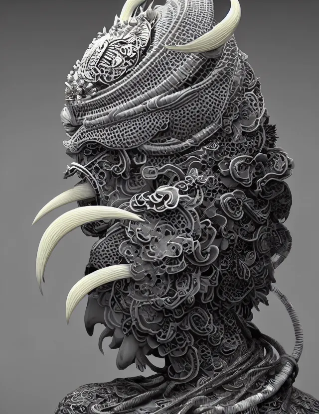 Image similar to 3 d goddess close - up profile portrait of cultist monk in hooded robe with ram skull. beautiful intricately detailed japanese crow kitsune mask and clasical japanese kimono. betta fish, jellyfish phoenix, bio luminescent, plasma, ice, water, wind, creature, artwork by tooth wu and wlop and beeple and greg rutkowski