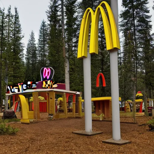 Image similar to photograph of a mcdonalds playplace inside a pacific northwest forest