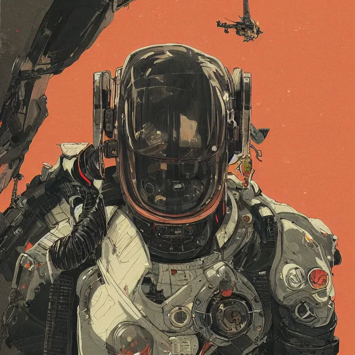 Prompt: a beautiful ukiyo painting of cyberpunk battle space pilot, wearing space techwear, detailed symmetrical close up portrait, intricate complexity, concept art, by takato yamamoto, wlop, krenz cushart. cinematic dramatic atmosphere, sharp focus