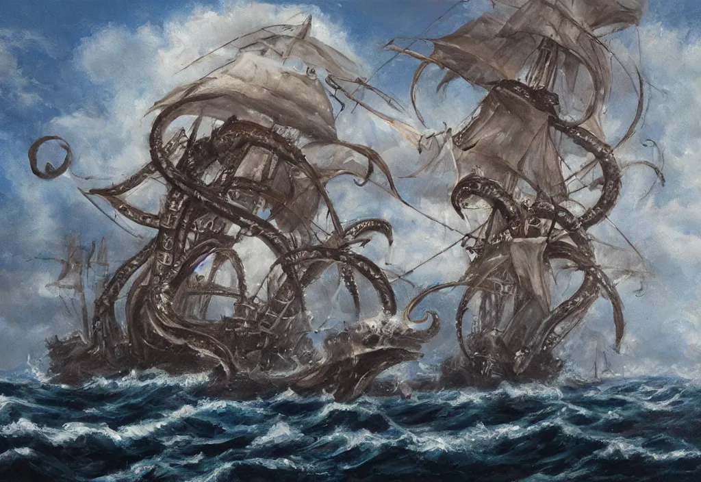 Image similar to oil painting of a kraken attacking a pirate ship