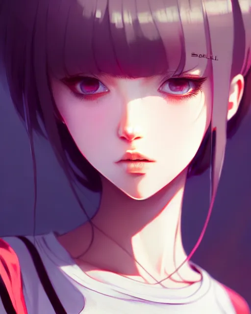 Image similar to full very close up shot of a beautiful loner girl, in tshirt, demented, russian, by saruei and guweiz and ilya kuvshinov and range murata, digital art, highly detailed, intricate, sharp focus, realistic, trending on artstation hq, deviantart, pinterest, unreal engine 5, 4 k uhd image