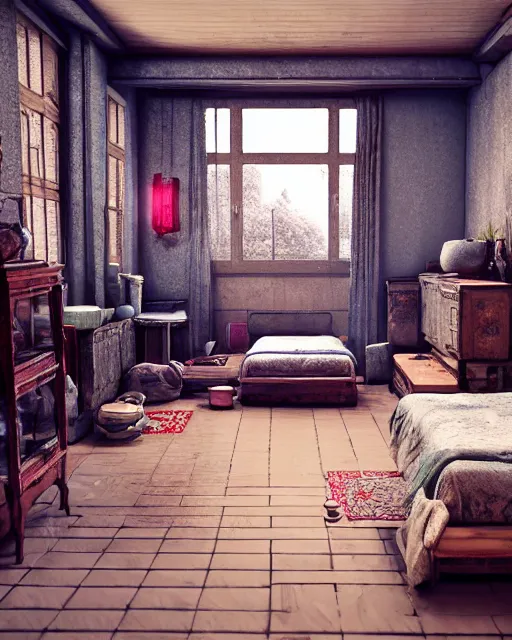 Image similar to artstation scifi scene of a shabby chinese village room in winter lounge furniture, large terrarium, beds, paneled walls, unreal engine 5, hyper realism, realistic shading, cinematic composition, blender render, octane render, hdr, detailed textures, photorealistic, wide shot