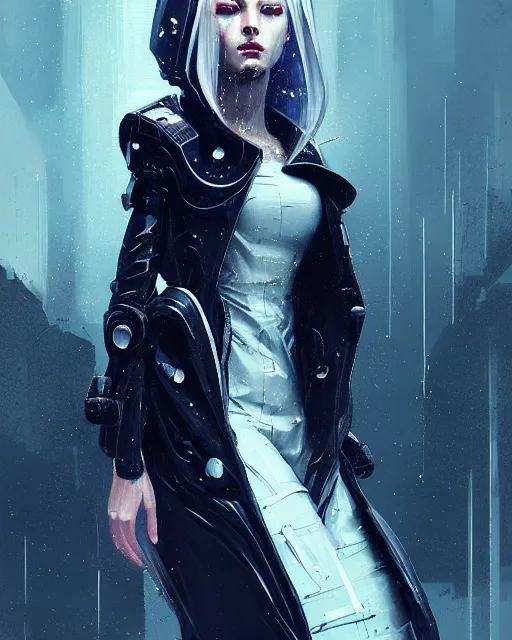 Image similar to detailed portrait of European Pretty Young Girl Storm Rain movie Jacket coat, Futuristic sci-fi fashion, royal attire by ismail inceoglu dragan bibin hans thoma greg rutkowski Alexandros Pyromallis Nekro Rene Margitte illustrated Perfect face, sharp chine, fine details, realistic shaded, fine-face, pretty face cyberpunk, neotokyo, synthwave, aesthetics, futuristic, low-emission-neon, bladerunner movie scene