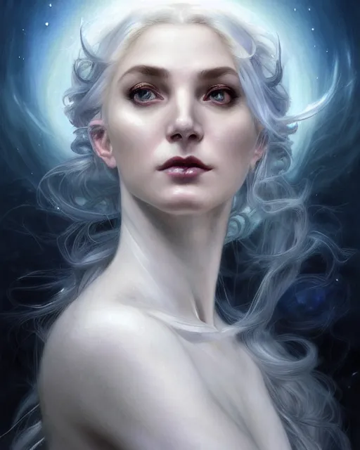 Image similar to realistic portrait of a beautiful white witch, bright witch, dark night, beautiful, heroic pose, beautiful face, magic, dark magic, dramatic lighting, intricate, wild, highly detailed, digital painting, artstation, concept art, smooth, sharp focus, illustration, art by artgerm and greg rutkowski and alphonse mucha, footage from space camera