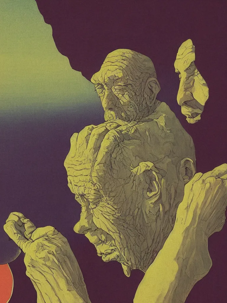 Prompt: a closeup portrait of an wise old man on mind altering drugs, lsd acid and dreaming psychedelic hallucinations in the arrid desert, by kawase hasui, moebius, edward hopper, colorful flat surreal design, dramatic lighting, hd, 8 k, artstation