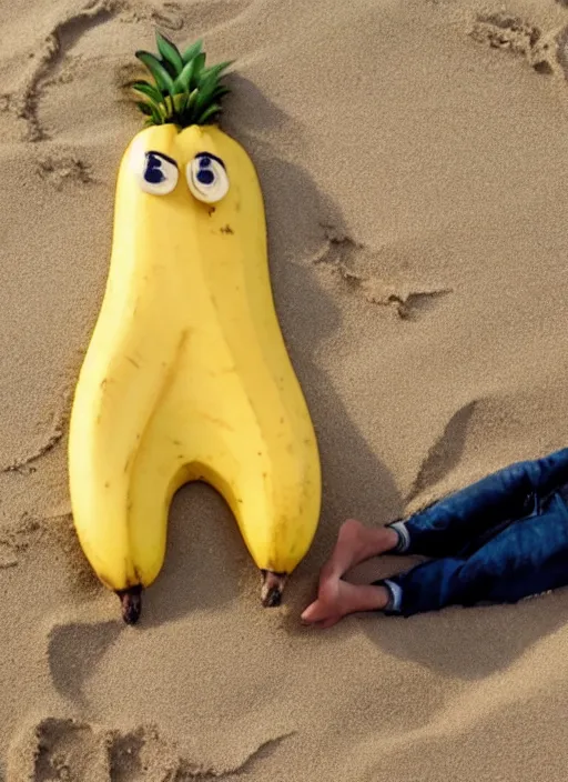 Image similar to jeff goldblum as a banana on the sand of a beach