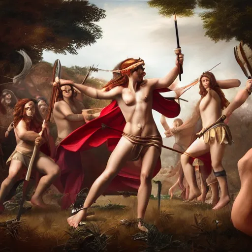 Image similar to Greek goddess Athena fighting with stupidity, stupidity is represented by horde of internet influencers, realistic person, spear in the right hand, long hair, detailed body and face, natural look, realistic photography, hyper realistic, Raphael Santi style, highly detailed, 4k, battle landscape, high quality image, couraging and atmospheric composition