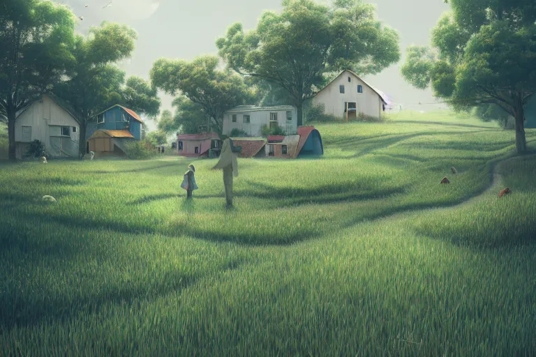 Prompt: peaceful day in farmer village with spherical psychodelic anomaly, trees, houses, fields, elegant, highly detailed, smooth, photoreal, sharp focus, illustration, beautiful, geometric, dmt trending on artstation, cinematic, artwork by WLOP