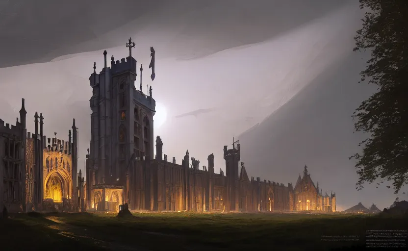 Prompt: exterior shot of utopian english medieval stronghold architecture with cinematic lighting by zaha hadid peter zumthor and renzo piano and, darek zabrocki and greg ruthkowski, simon stalenhag, cinematic, holy place, paradise, scifi, futurism, atmospheric, concept art, artstation, trending on artstation