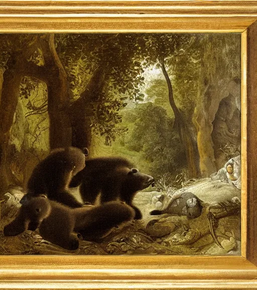 Image similar to viewer looking into dark cave and seeing a mother bear and her cubs sleeping, night time, artwork by Pieter Claesz, impressionism