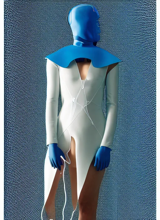 Image similar to a digital portrait of an european girl detailed features wearing a cyber latex suit wedding dress - synthetic materials imac bondi blue 1 9 9 8 by issey miyake by ichiro tanida and mitsuo katsui