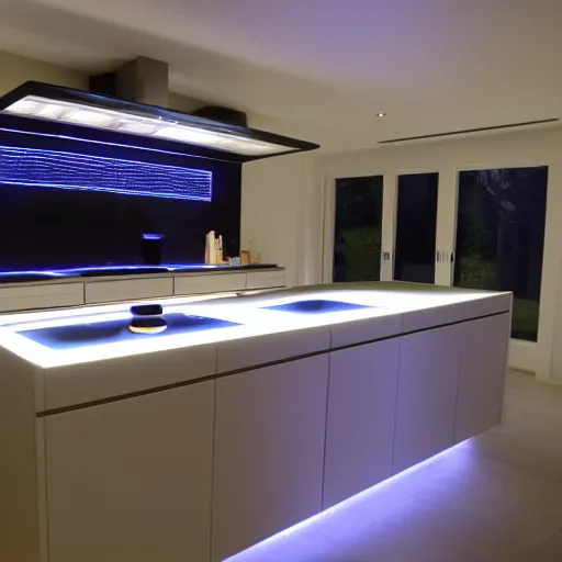 Image similar to modern kitchen with rgb led strip lighting, homes and gardens, wren kithens, super detailed render, award winning,