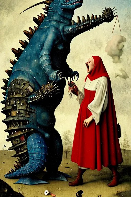 Image similar to hieronymus bosch, greg rutkowski, anna podedworna, painting of a small fat blue godzilla laughing at a red haired vampire in a white woollen turtleneck dress