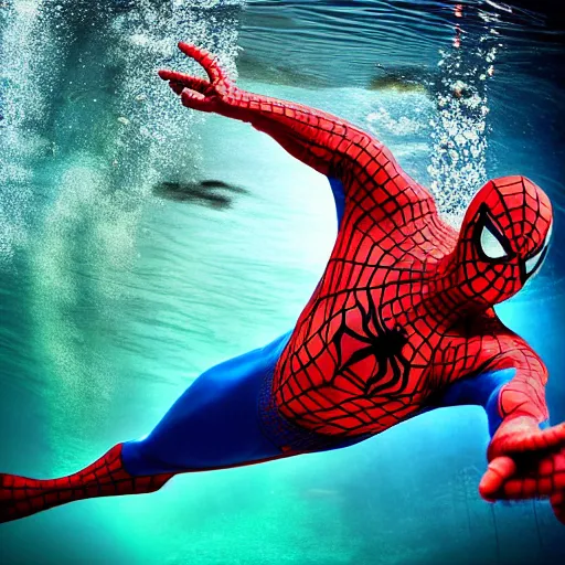 Image similar to underwater shoot photo of Spiderman , high detail , perfect photo