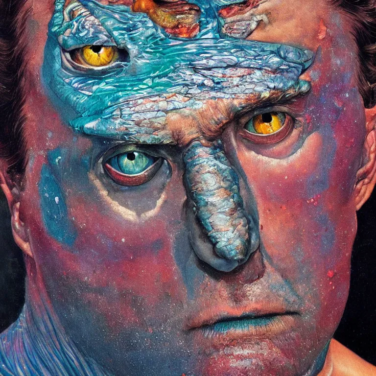 Prompt: Hyperrealistic intensely colored close up studio Photograph portrait of a deep sea bioluminescent Jon Hamm covered in chromatophores and scales, symmetrical face realistic proportions eye contact, Staring intensely with golden eyes sitting on a Rock underwater, award-winning portrait oil painting by Norman Rockwell and Zdzisław Beksiński vivid colors high contrast hyperrealism 8k