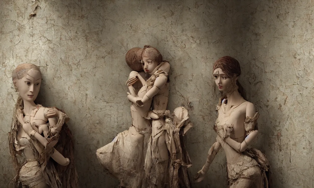 Prompt: a cinematic portrait of a beautiful female jointed wooden doll, holding each other, abandoned, left inside a room in a derelict house, old wallpaper, broken toys are scattered around, rubbish, decay, sadness, morning light through a broken window, by James C. Christensen, by Tomasz Alen Kopera, by Raphael, by Caravaggio, 8K, rendered in Octane, cinematic, 3D, volumetric lighting, highly detailed, photorealistic, hyperrealism