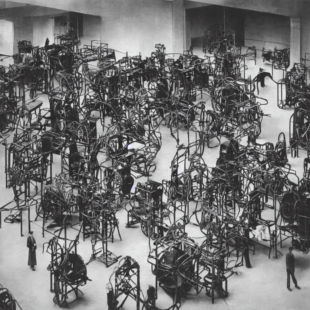 Prompt: a historical photograph of Marcel Duchamp surrounded by machines in a vast empty white room, 1919, courtesy of Centre Pompidou