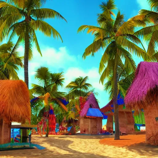 Prompt: a village on a tropical island, very colorful, beach, palms, trending on artstation