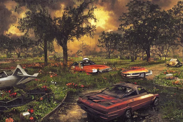 Image similar to hyperrealism, scene from church, thunderstorm, starship, junkyard, louisiana swamps, orange blooming flowers garden, 8 k, 8 0 s japanese sci - fi books art