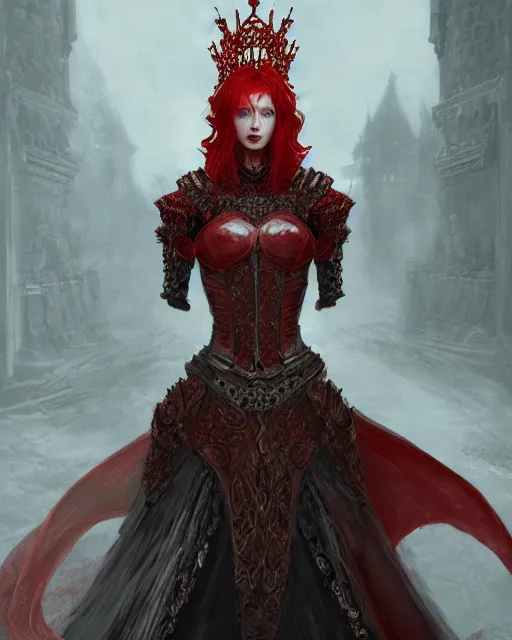 Image similar to redhead queen in heavy red armor, inside an epic gothic castle, baroque, large crown, face with scars, mad grin, intimidating, ominous, high fantasy, intricate detail, digital painting, artstation, concept art, smooth, sharp focus, illustration, art by yoshitaka amano and monia merlo and wlop